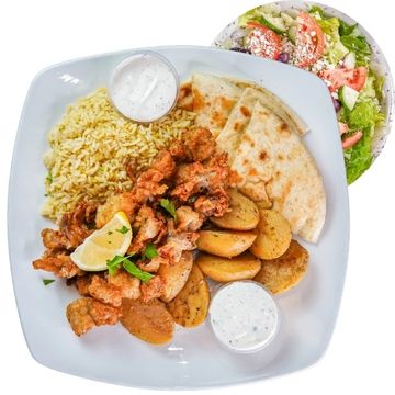 Calamari Platter with Salad Pita and 2 Sides Rice Potatoes Fries