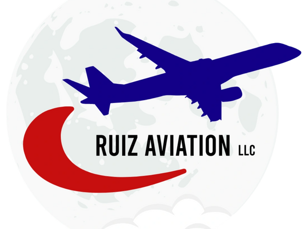 Logo of Ruiz Aviation LLC featuring a blue airplane silhouette and a red swoosh on a moon background.