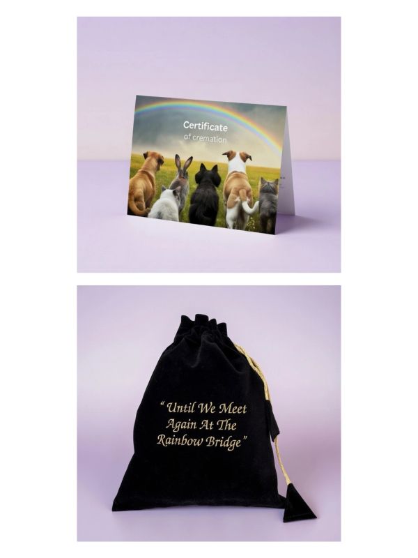 Memorial items for pets with a certificate and a velvet bag.