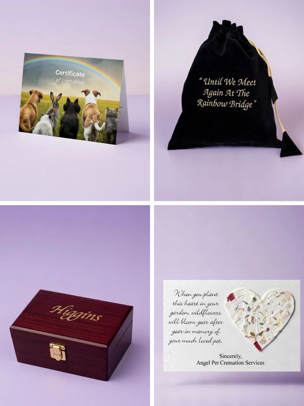 Pet cremation keepsake set with certificate, urn bag, personalized box, and memorial card.