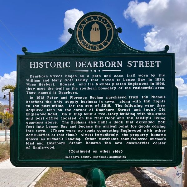 Historical marker for Dearborn Street in Sarasota County detailing its origins and development.