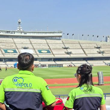Two people in green and black uniforms watch a sports event in a large stadium.