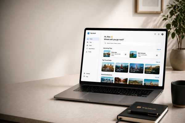 Laptop on a desk displaying a travel planning app named Trip Vault.