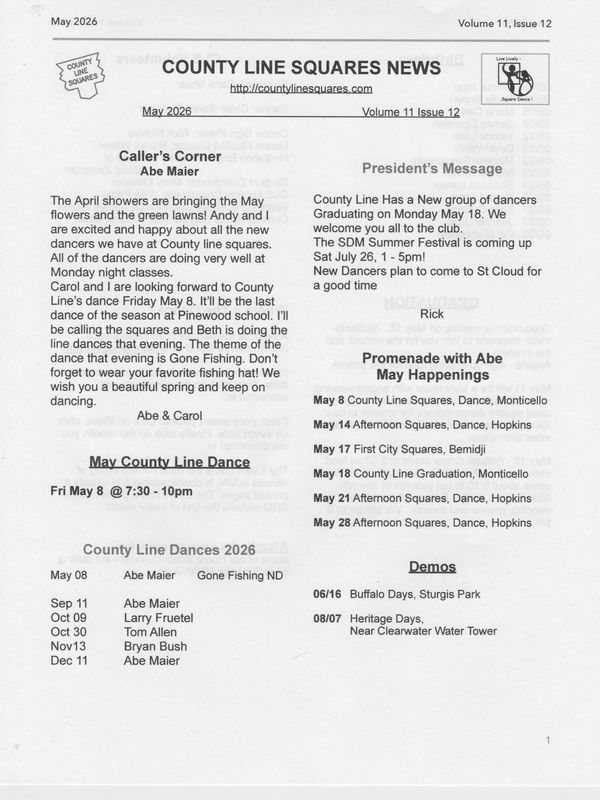 County Line Squares News May 2026 with dance events and messages from Abe Maier and Rick.