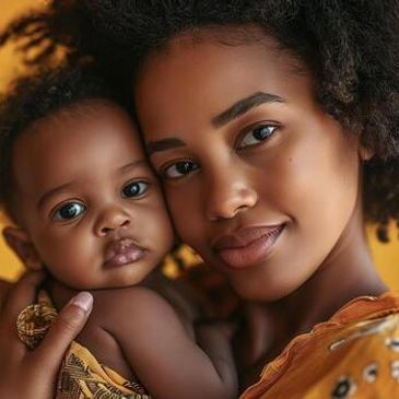 Close-up of a mother tenderly holding her baby, both with warm expressions.