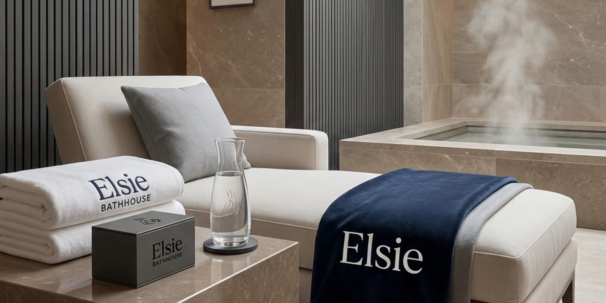 Elegant spa setup with plush seating, towels, and steaming bath at Elsie Bathhouse.