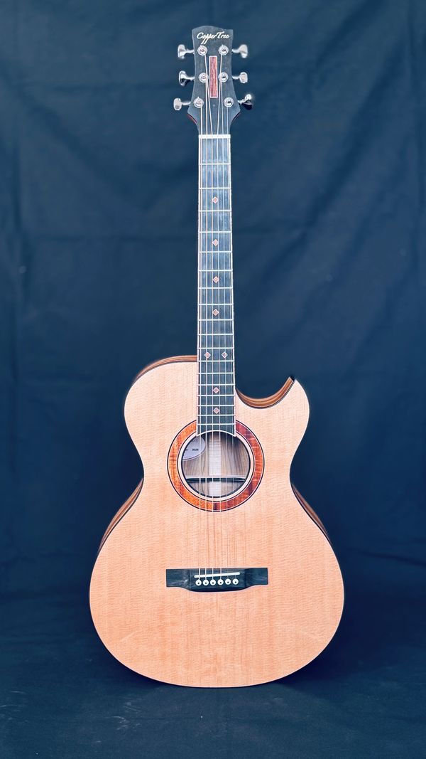 Acoustic guitar with a cutaway design.