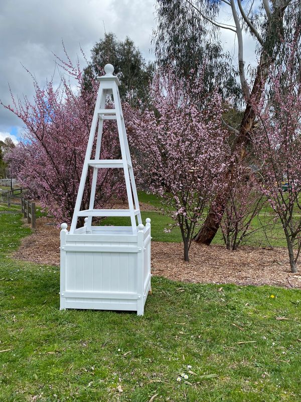 White garden planter in front of blooming pink trees.