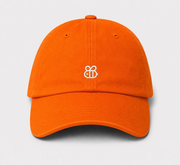 Bright orange baseball cap with a small white bee logo on the front.
