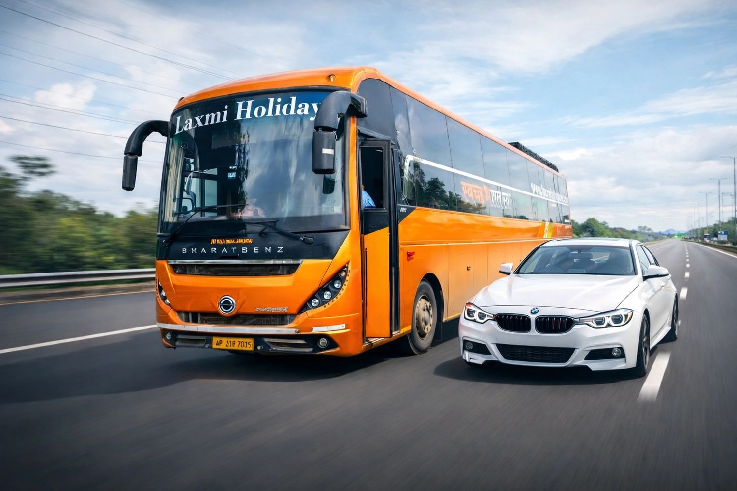 An orange Laxmi Holiday bus and a white BMW car on a highway.