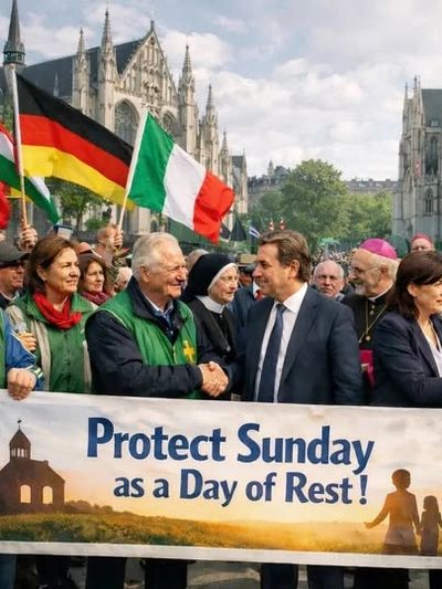 People hold a banner advocating Sunday as a day of rest.