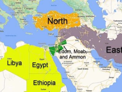 Map showing ancient regions labeled North, East, Libya, Egypt, Ethiopia, and Edom, Moab, and Ammon.