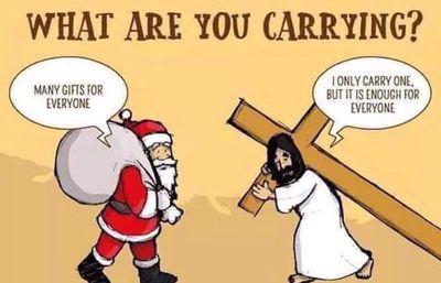 Santa and Jesus carrying gifts and a cross, questioning what they carry.