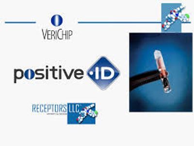 Logos of VeriChip and PositiveID with an image of a microchip implant.