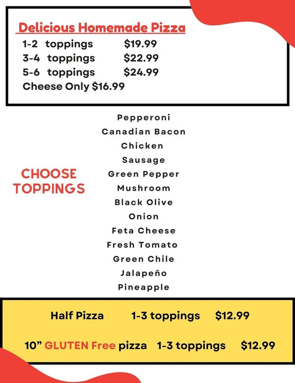 Pizza menu as of 2/6/23