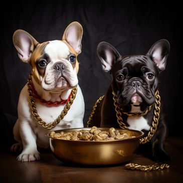 Two French and English Bulldogs with chain collar eating