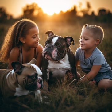 Kids/ family playing with French and English bulldogs 
