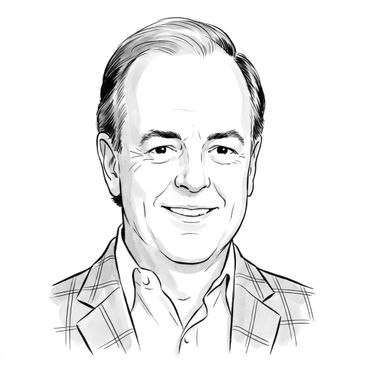 Black and white sketch of a middle-aged man in a checked blazer.