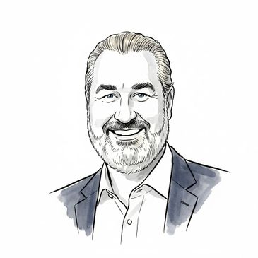 Hand-drawn portrait of a smiling middle-aged man with a beard and suit jacket.