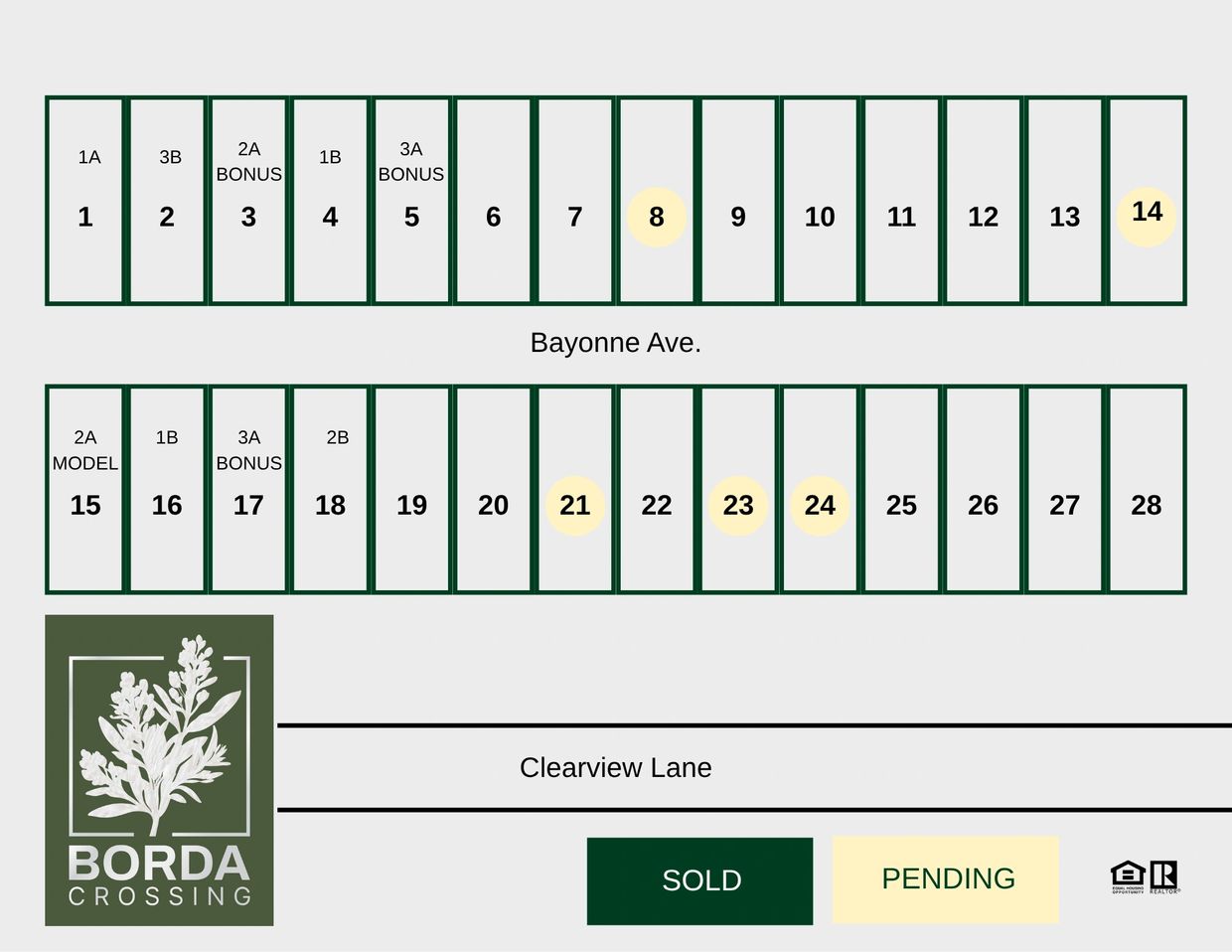 Borda Crossing lot map showing sold and pending status.