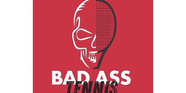 A skull and tennis racket combined with 'Bad Ass Tennis' text on a red background.