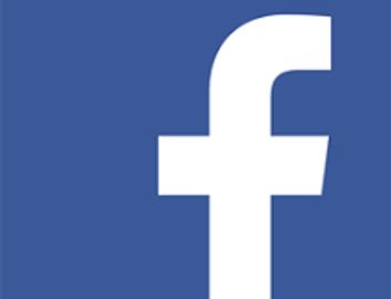 Facebook logo in white on blue background.