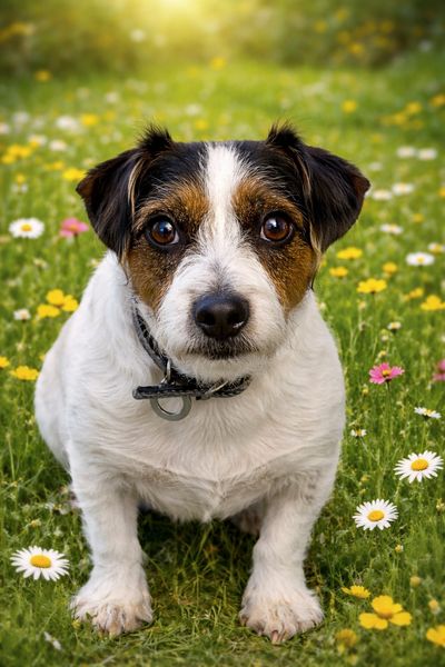 A small dog sitting in a flower-filled grassy field.