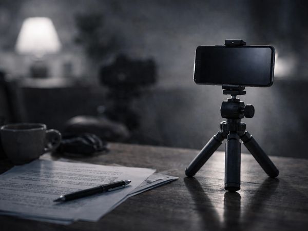 A smartphone mounted on a tripod on a desk with papers and a pen.