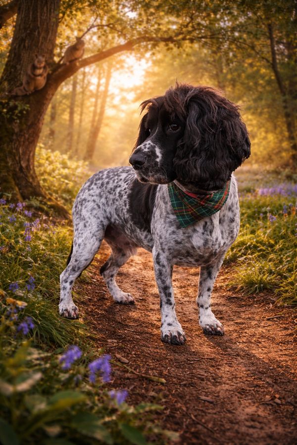 Spotted dog with a plaid bandana stands on a forest path during golden hour.
