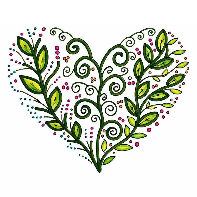Heart shape made of green leaves and colorful dots in a whimsical design.