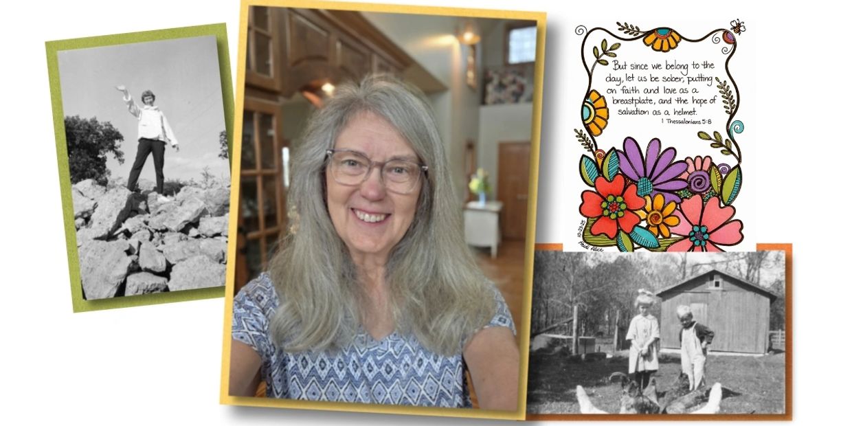 A collage featuring a smiling woman, vintage photos, and a colorful floral Bible verse illustration.