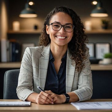 A happy woman smiling at a sign design customer
