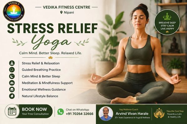 Woman practicing stress relief yoga in a serene setting.