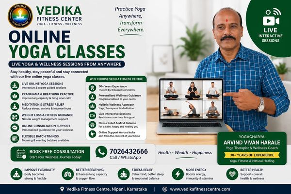 Online yoga classes by Yogacharya Arvind Vivan Harale at Vedika Fitness Centre with live yoga, prana