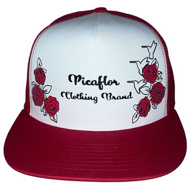 Red Cap White Face Picaflor Clothing Brand Red Roses Black Lettering