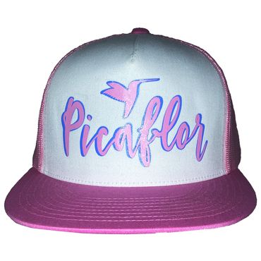 Pink Cap Whit Face Picaflor Cursive Logo 1 Pink with Blue outline