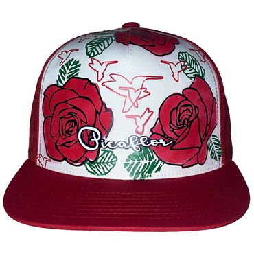 Red Cap White Face Picaflor Air Brushed Red Roses Cursive Flock