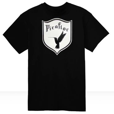 

Black T Shirt with white logo. "Shield"
picaflor clothing brand
pcb
Artwork By: ieighty andretti