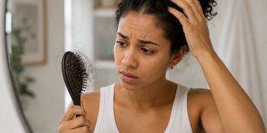 Person examining hair loss in a hairbrush while looking in a bathroom mirror.