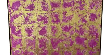 Abstract painting with gold and purple textured squares.