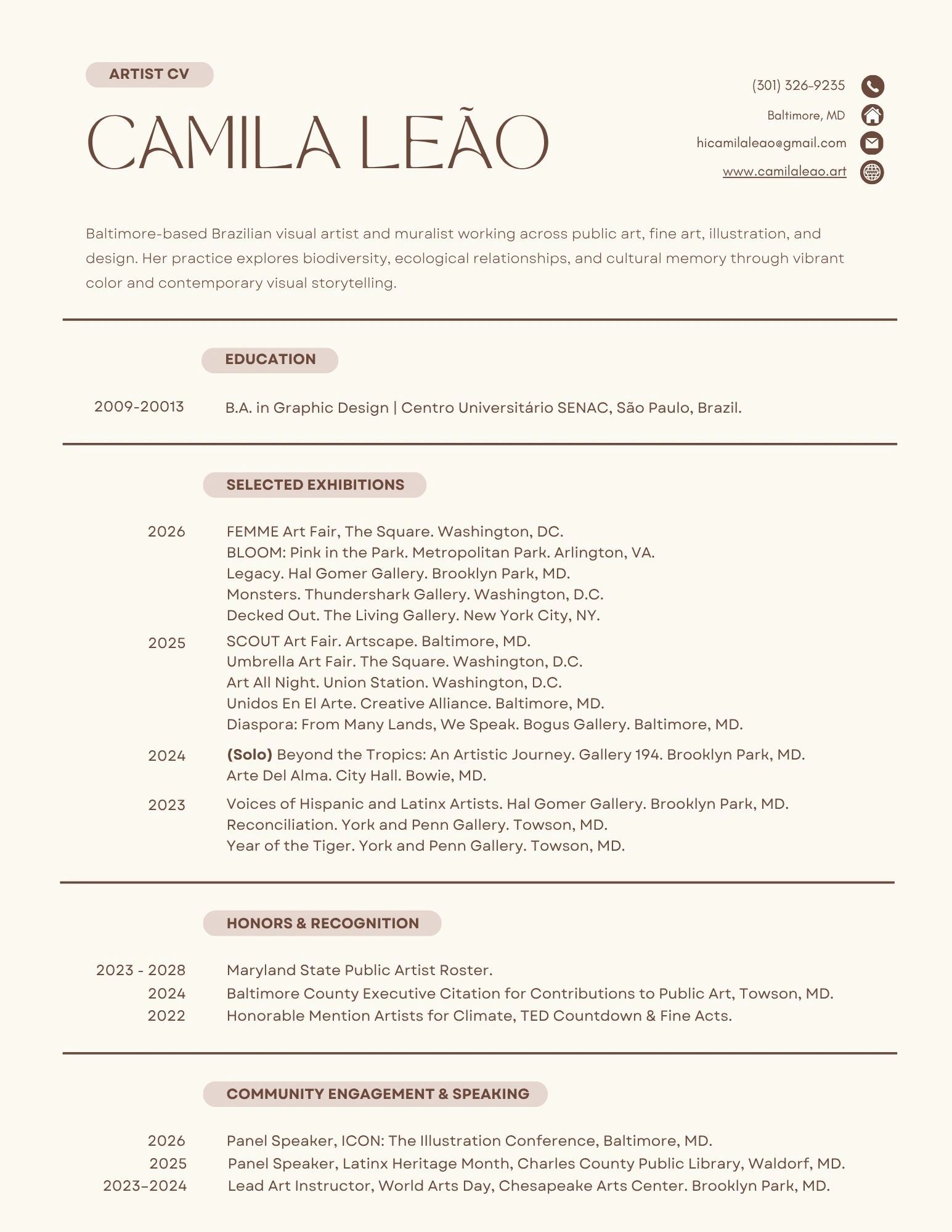 Artist CV of Camila Leão, a Baltimore-based Brazilian visual artist and muralist.