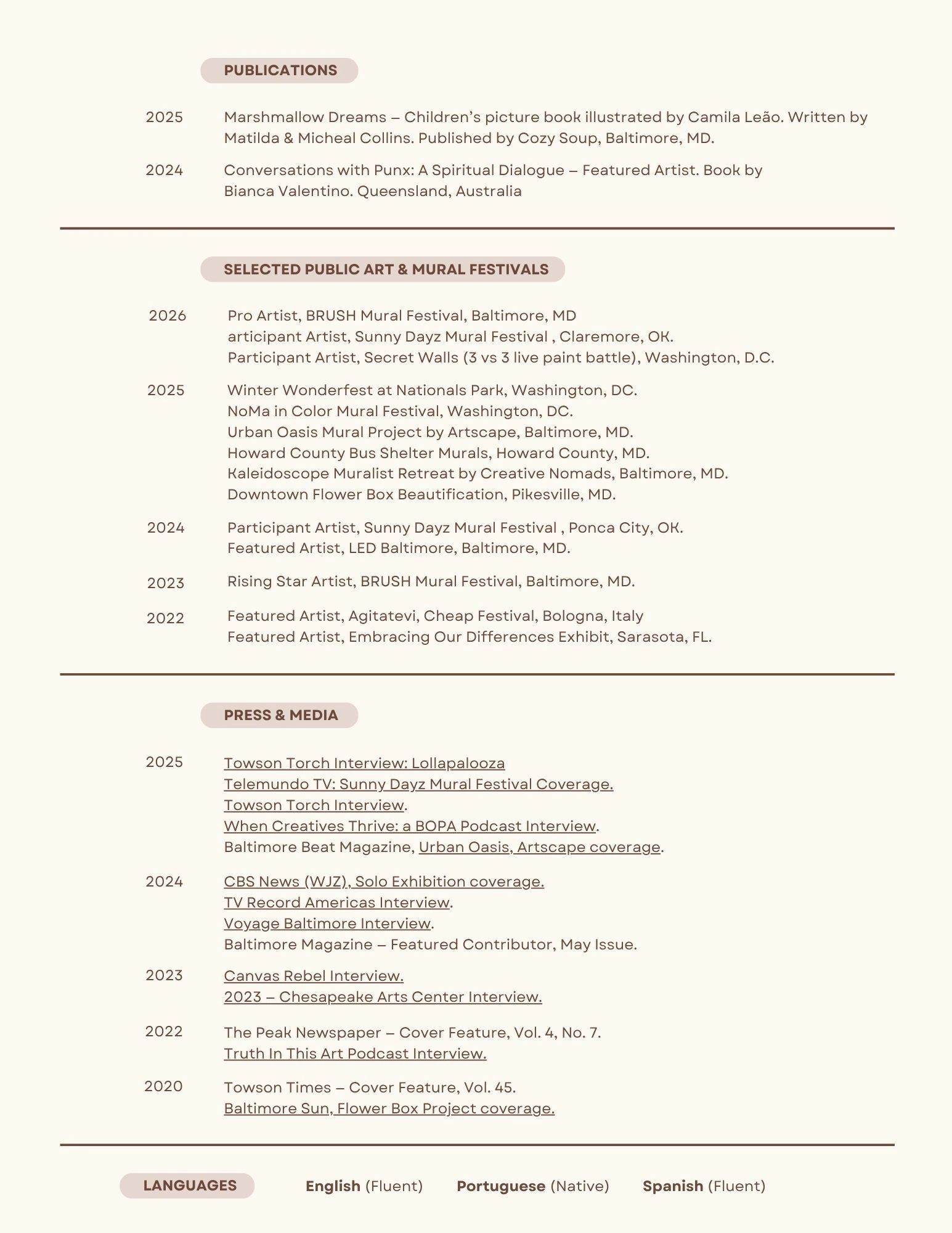 List of publications, public art &amp; mural festivals, and press coverage from 2020 to 2026.