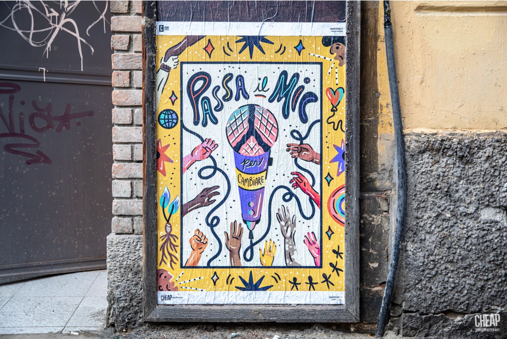 Selected poster " Pass the Mic" for CHEAP Poster Festival. Streets of Bologna, Italy, 2022.