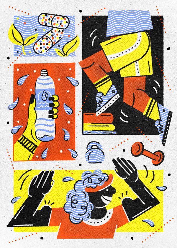 Colorful collage depicting fitness activities and hydration.