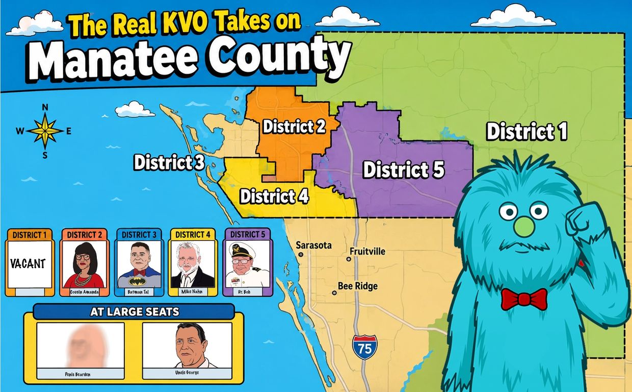 Colorful district map of Manatee County with cartoon monster and representatives.