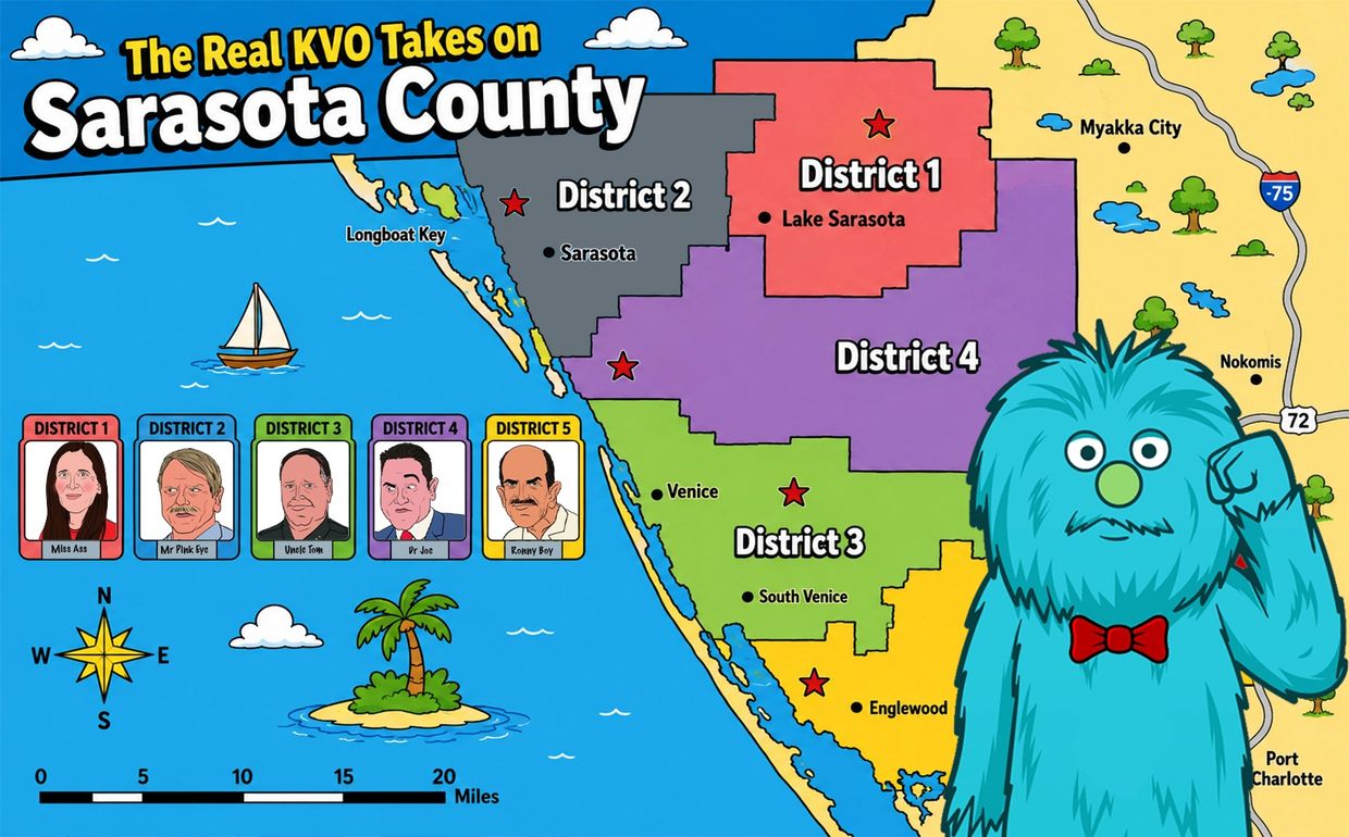 Colorful cartoon map of Sarasota County districts with caricatures and a blue fuzzy character.