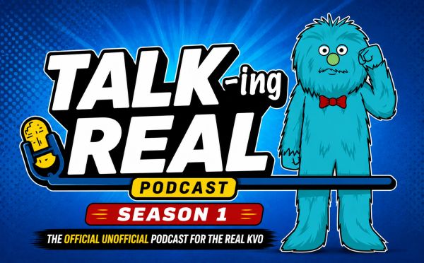 Colorful podcast cover featuring a blue furry character and bold text for 'TALK-ing REAL Podcast Season 1'.