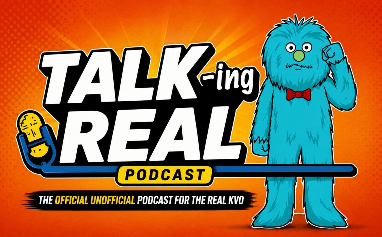 Colorful podcast logo with a blue furry character and bold text.