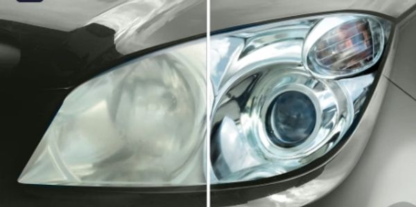 Headlight restoration before and after; foggy dirty headlights shined up as good as new