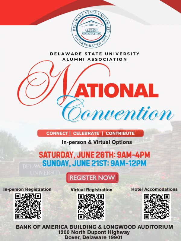 Flyer for Delaware State University Alumni Association National Convention with event details and QR codes for registration.